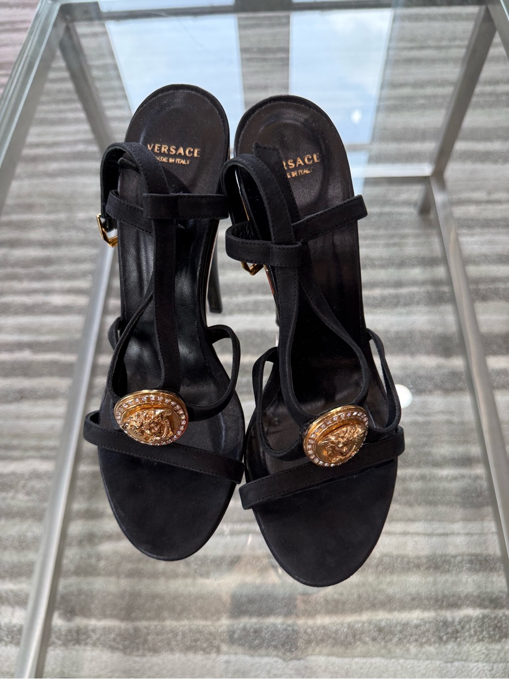 Versace Gold Black Triple Platform Swarovski Crystals Medusa Shoes Sandals